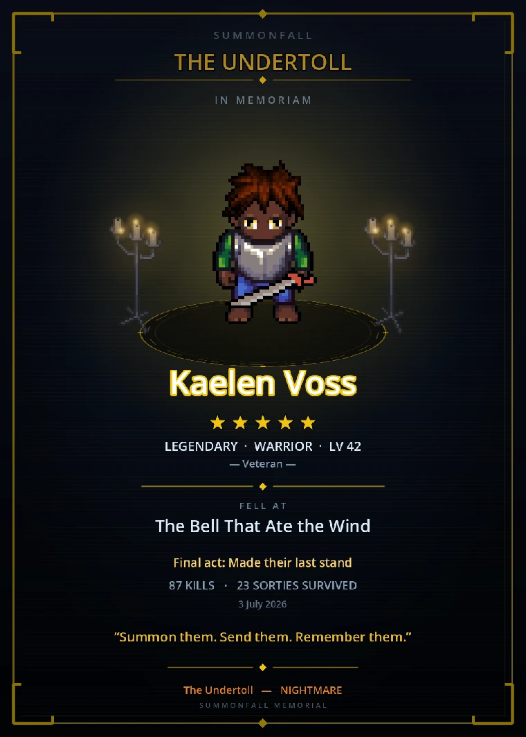 A Summonfall memorial death card — a fallen 5-star hero on a summoning circle with their battle record