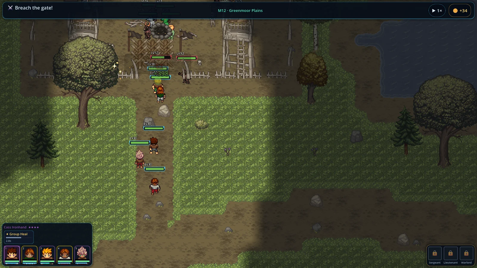 Summonfall gameplay — storming a palisade with the full squad HUD